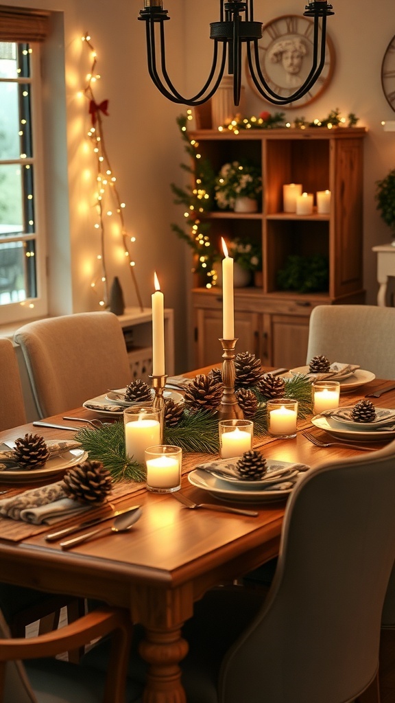 A rustic Christmas table setting featuring pinecone centerpieces, candles, and greenery.