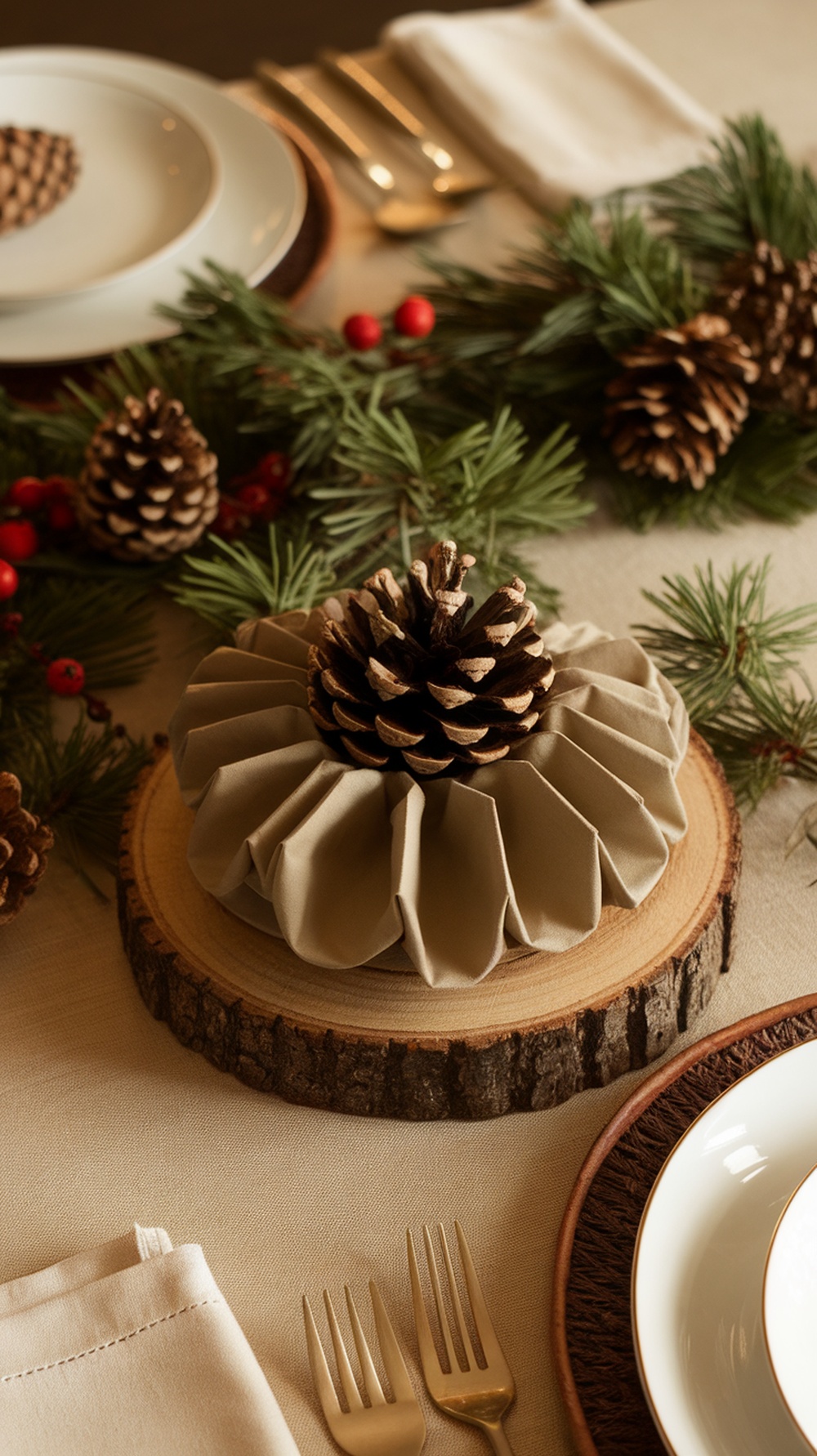 A beautifully folded napkin resembling a pinecone, topped with a real pinecone, surrounded by pine branches and berries on a rustic table setting.
