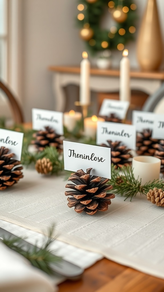 A festive table setting featuring pinecone place card holders with name cards, surrounded by greenery and candles.