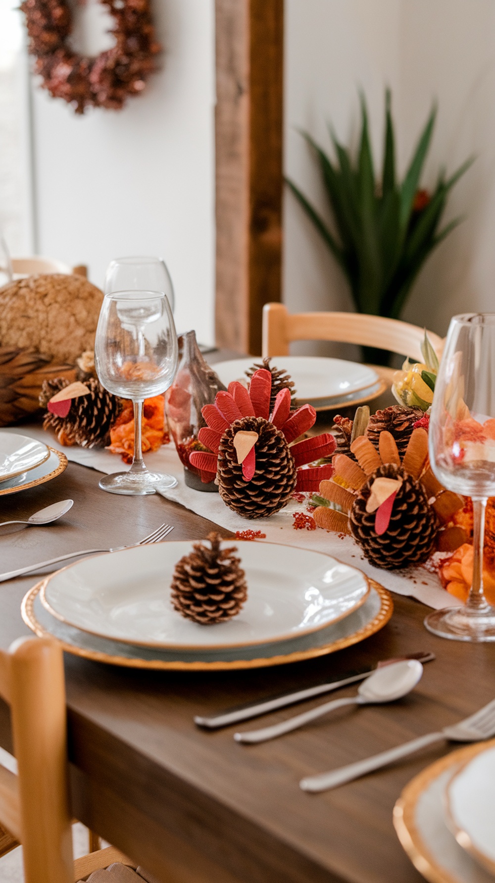 A Thanksgiving table setting featuring pinecone turkeys as centerpieces, surrounded by colorful leaves and decorative elements.