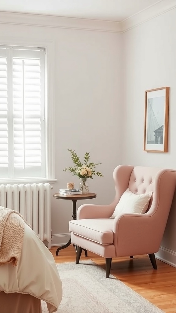A cozy pink accent chair in a bright bedroom corner with a side table and flowers.