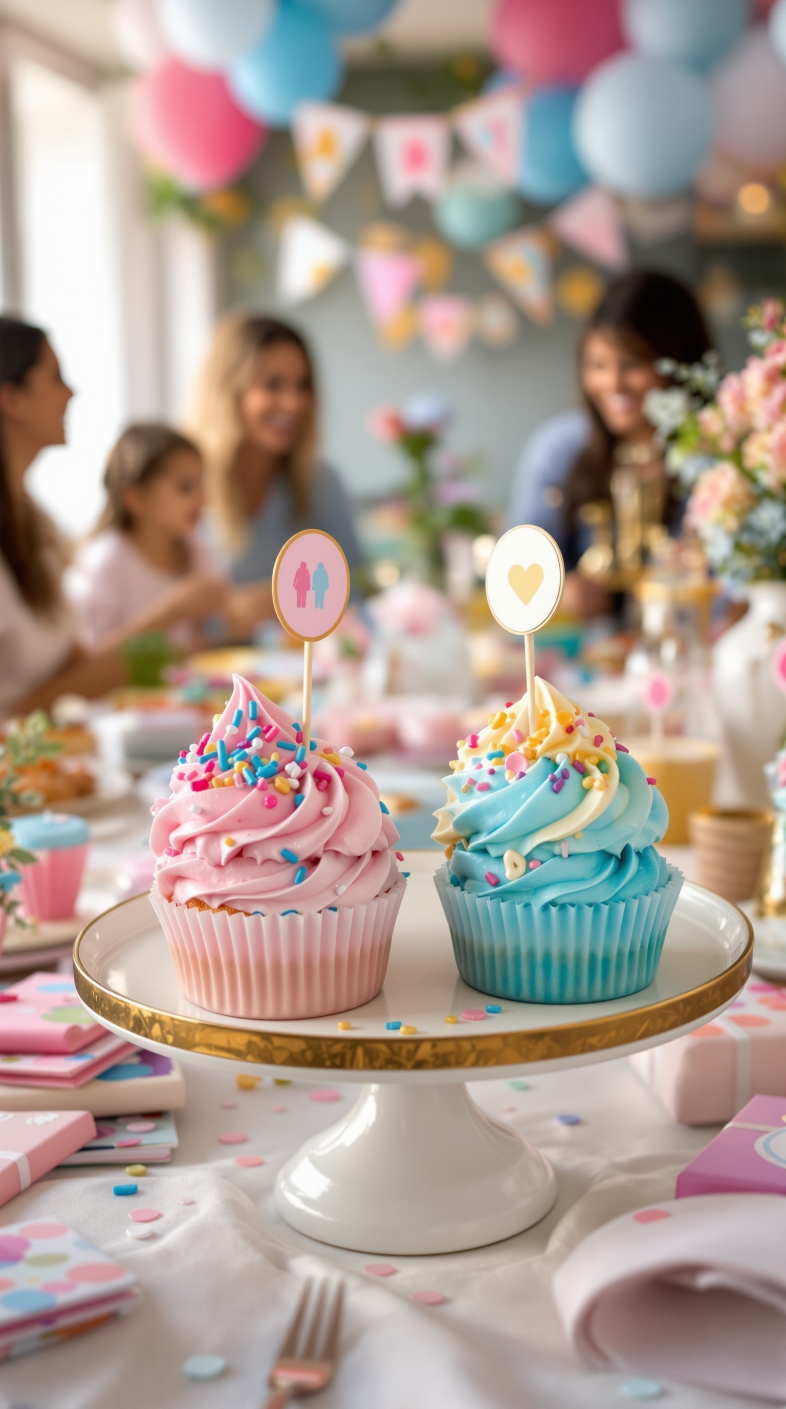 A display of pink and blue cupcakes for a gender reveal party, with colorful sprinkles and cute signs.