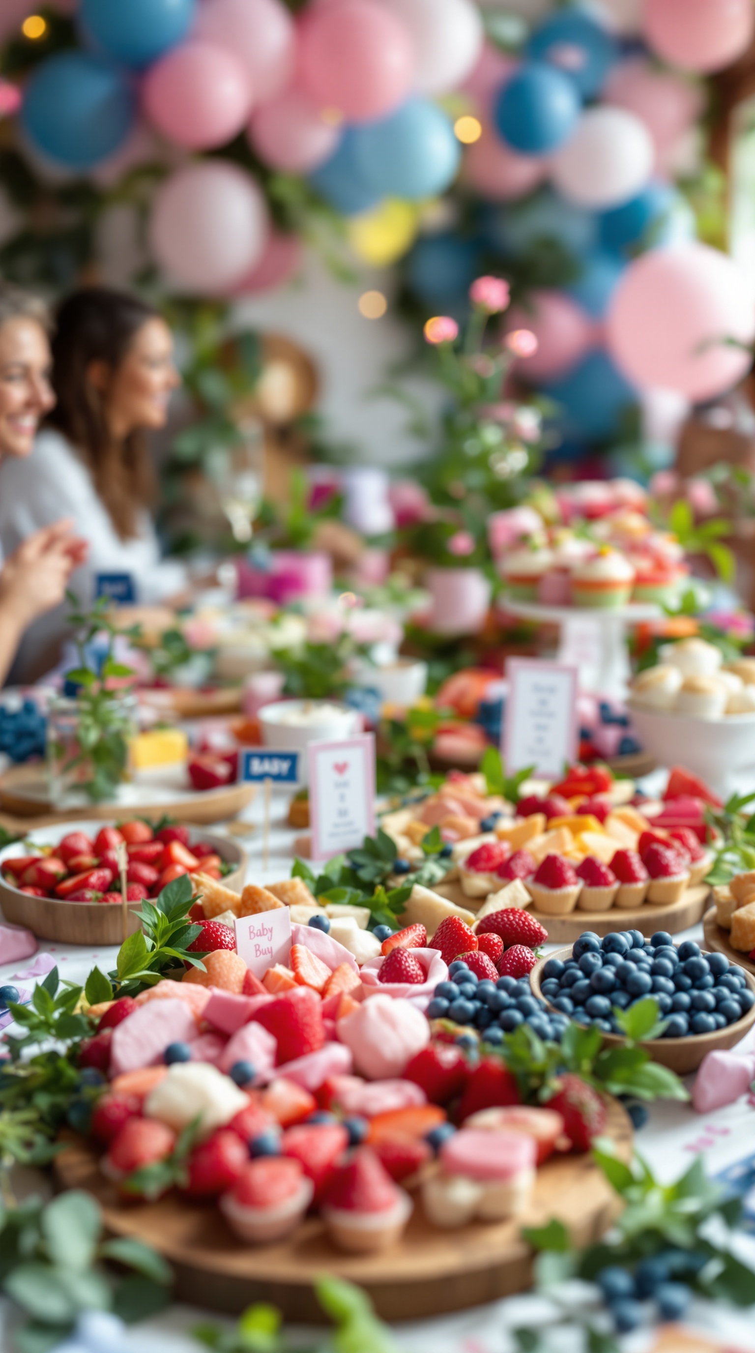 A vibrant charcuterie board featuring pink and blue fruits, including strawberries, blueberries, and decorative elements for a gender reveal party.