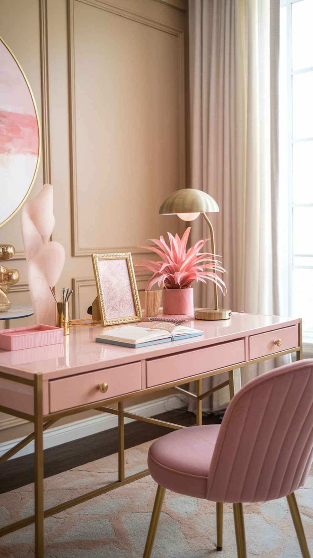 A stylish pink desk with gold accents, featuring a lamp, plant, and decorative items.