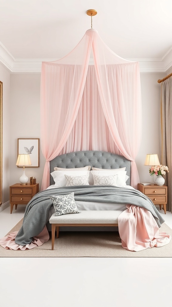 A pink and grey bedroom featuring a bed with a pink canopy, grey headboard, and decorative pillows.
