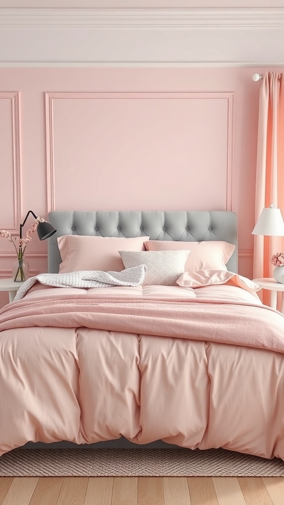 A beautifully arranged pink and grey themed bedding set in a cozy bedroom.