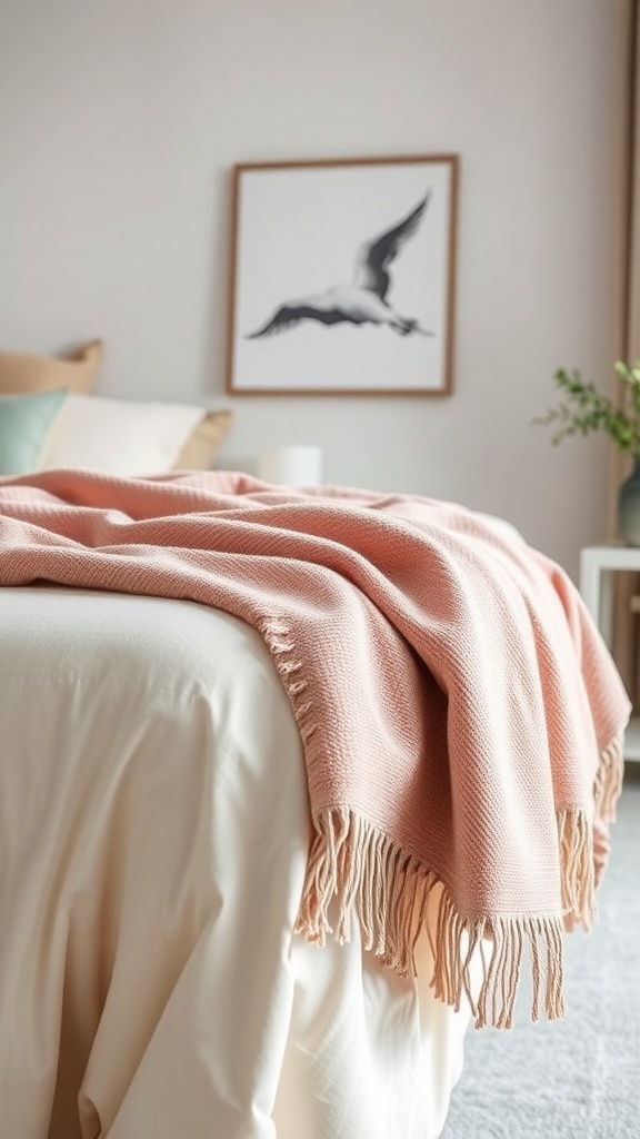 A pink throw blanket with fringes draped over a bed in a stylish bedroom.