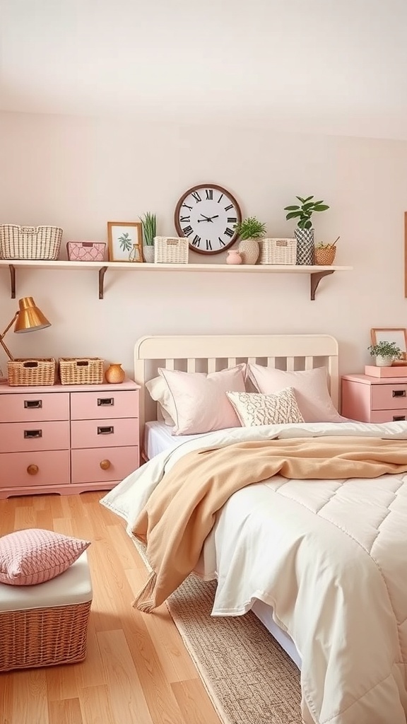 A pink bedroom featuring stylish storage solutions, including pink drawers and decorative baskets on a shelf.
