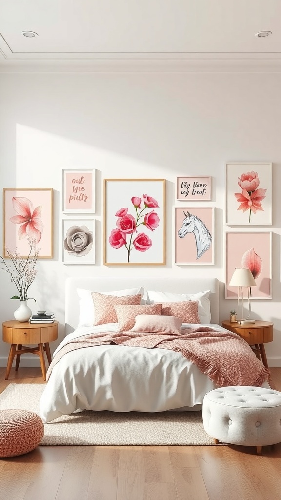 A pink-themed bedroom featuring a gallery wall of framed artwork, including floral designs and a unicorn illustration.