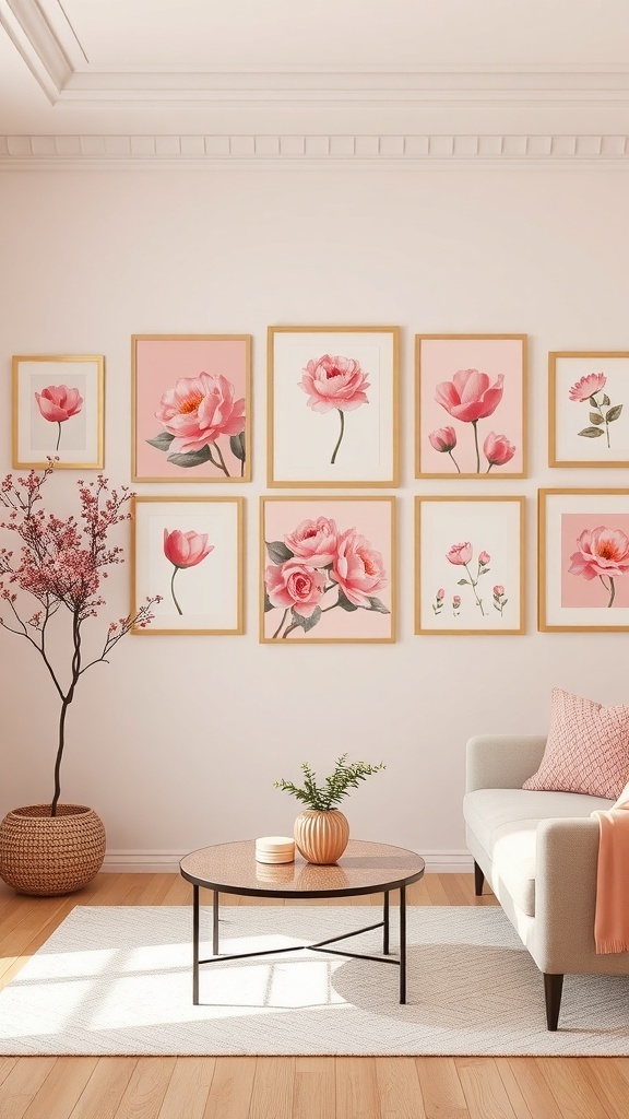 A romantic pink bedroom with floral artwork on the walls, featuring a cozy sofa and coffee table.