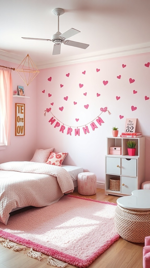 A pink bedroom featuring heart-shaped wall decals, a cozy bed, and decorative elements.