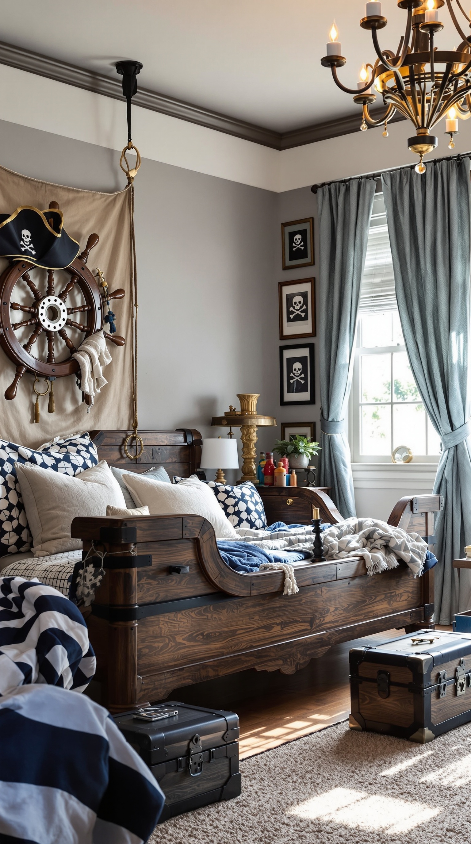 A boys' room designed like a pirate ship, featuring a wooden bed, ship's wheel decor, and treasure chests.