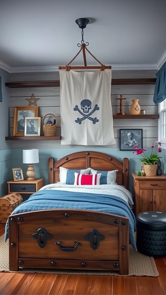 A pirate-themed bedroom with a wooden bed resembling a treasure chest, blue bedding, and nautical decor.