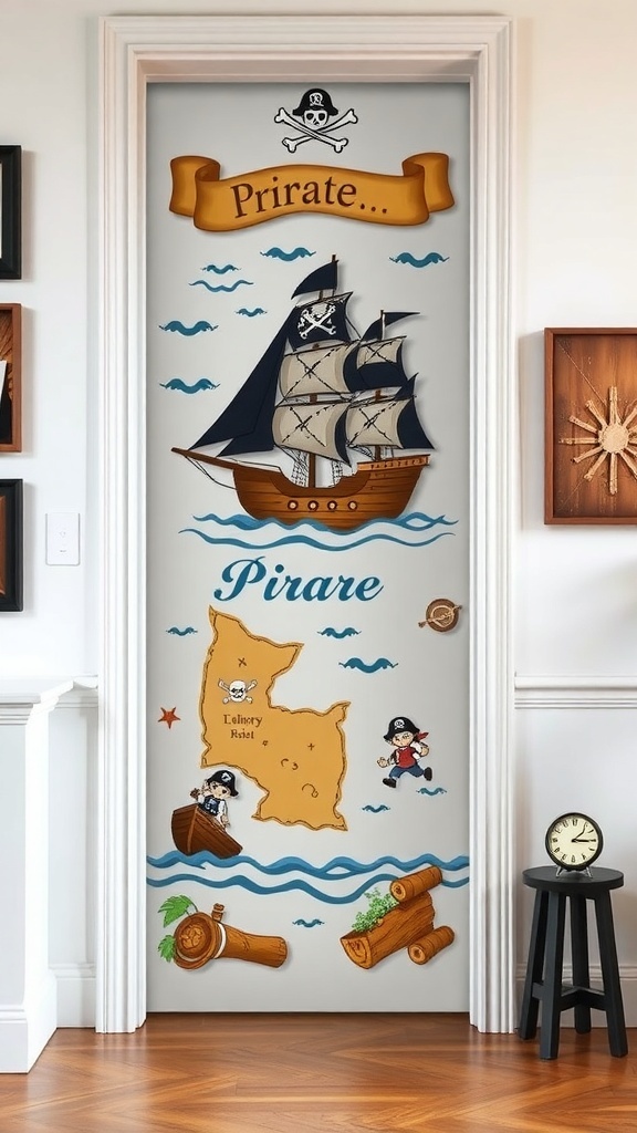 A decorated door with a pirate theme, featuring a ship, treasure map, and pirate characters.
