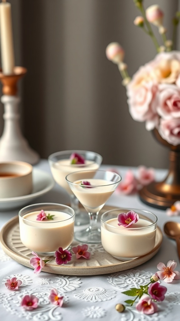 A beautiful display of pistachio and rose water mousse in elegant glassware, garnished with edible flowers on a dessert table.