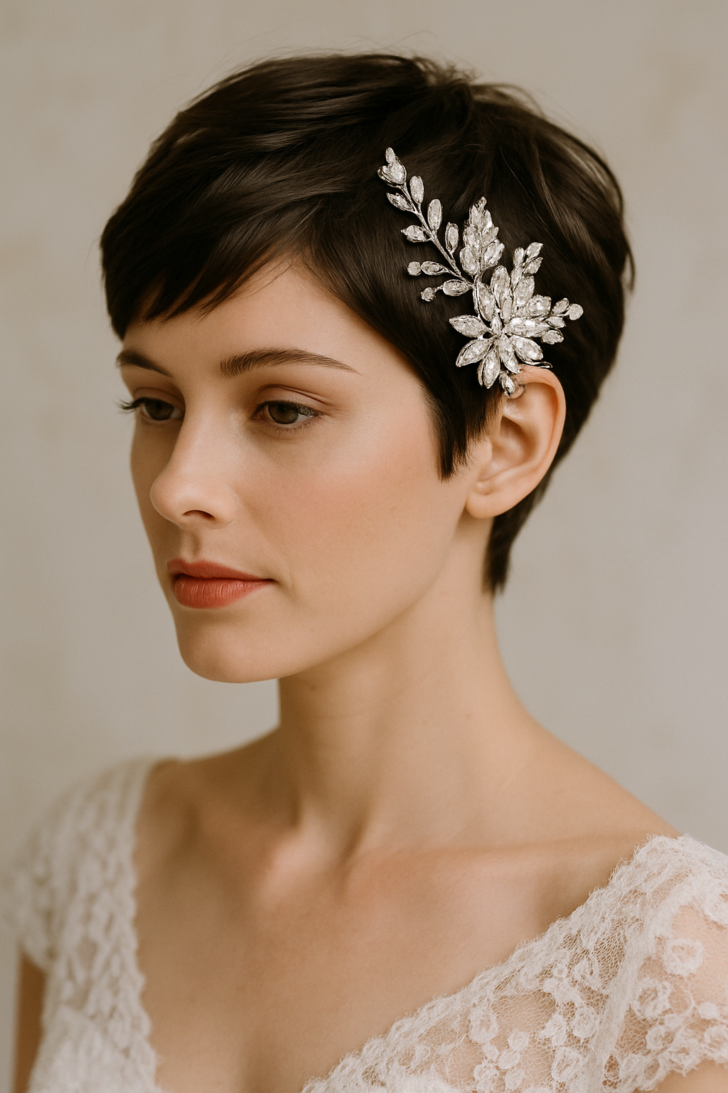 Model with a pixie cut and a statement hairpiece, showcasing a chic wedding hairstyle.