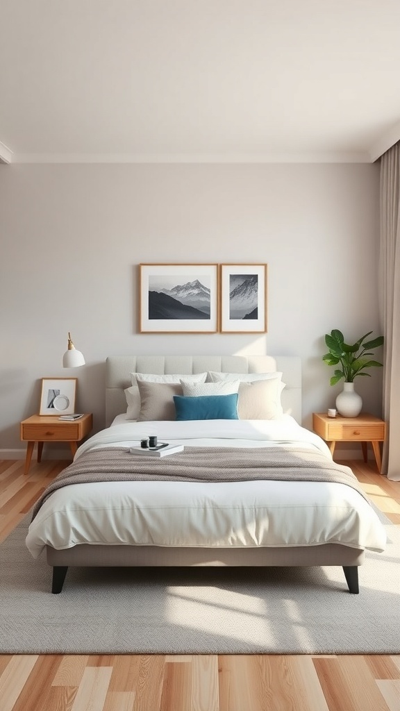 A modern bedroom layout featuring a centrally placed bed, nightstands, and decorative elements.