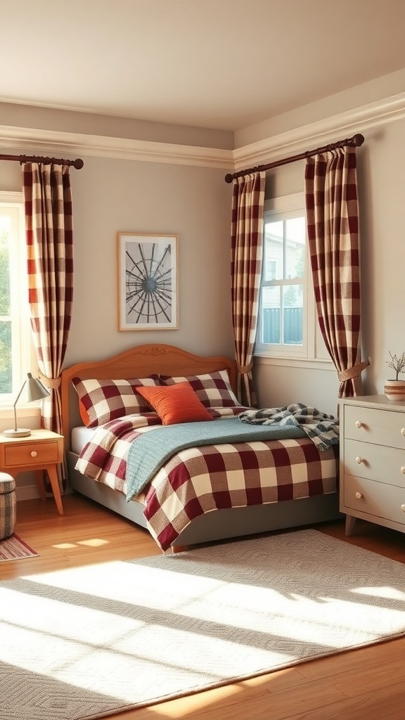 A cozy preppy teen bedroom featuring plaid and checkered patterns in red and white on the bedding and curtains.