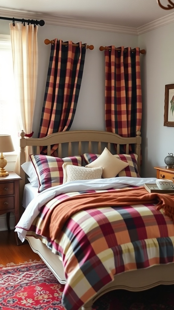 A cozy country teen bedroom featuring plaid bedding and curtains in warm colors.