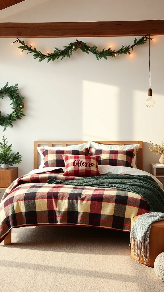 Cozy bedroom with plaid flannel bedding and holiday decor