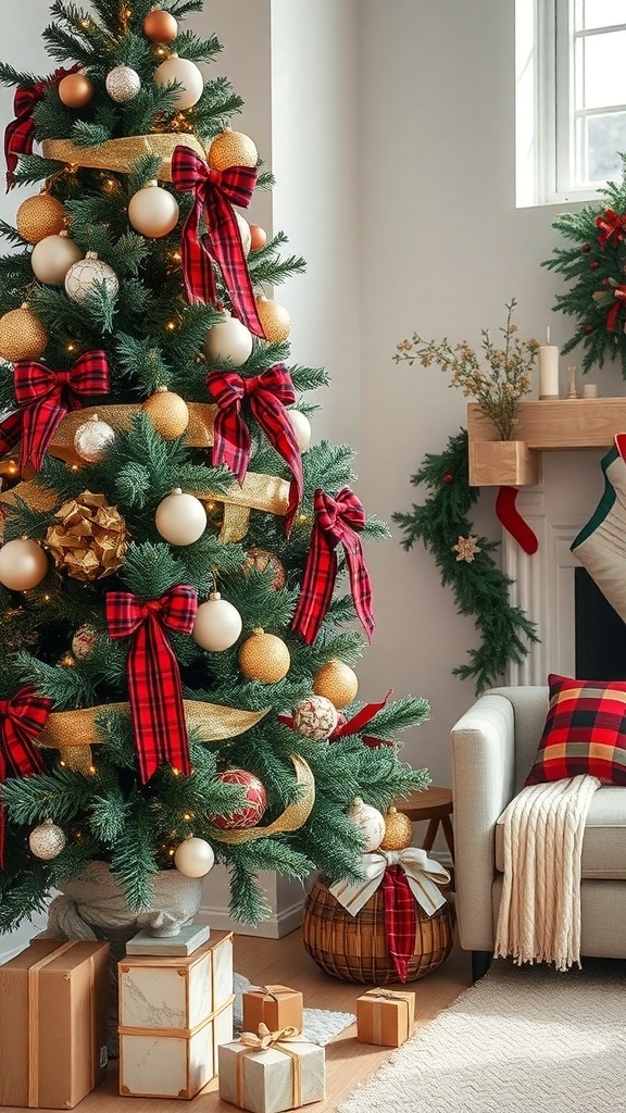 A beautifully decorated Christmas tree with plaid ribbon accents, shiny ornaments, and presents underneath.