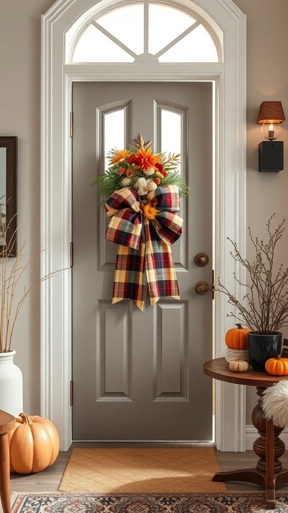 A door decorated with a plaid ribbon bow and a floral wreath, showcasing a cozy Thanksgiving theme.