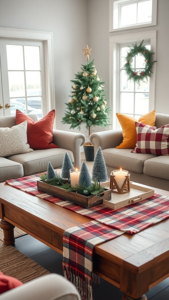 A cozy coffee table decorated with a plaid table runner, small blue trees, and candles, creating a festive holiday atmosphere.