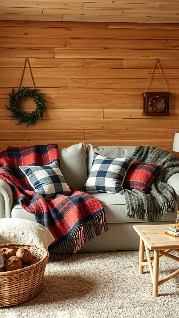 Cozy sofa with plaid throws and pillows in a rustic cabin setting