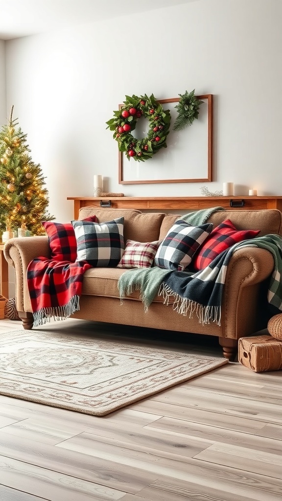 Cozy living room with plaid textiles on a sofa, decorated for Christmas