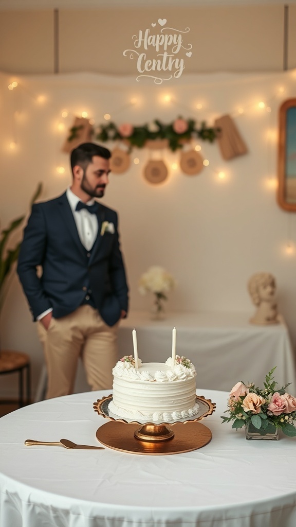 A table with a cake, floral arrangements, and an elegantly dressed man in a celebration setting.