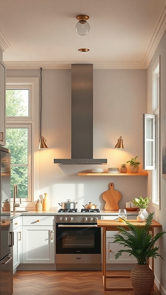 A small kitchen featuring a modern range hood, open shelving, and natural light from windows.