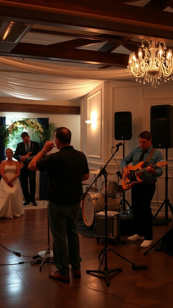A band performing at a microwedding, with a bride and groom enjoying the moment.