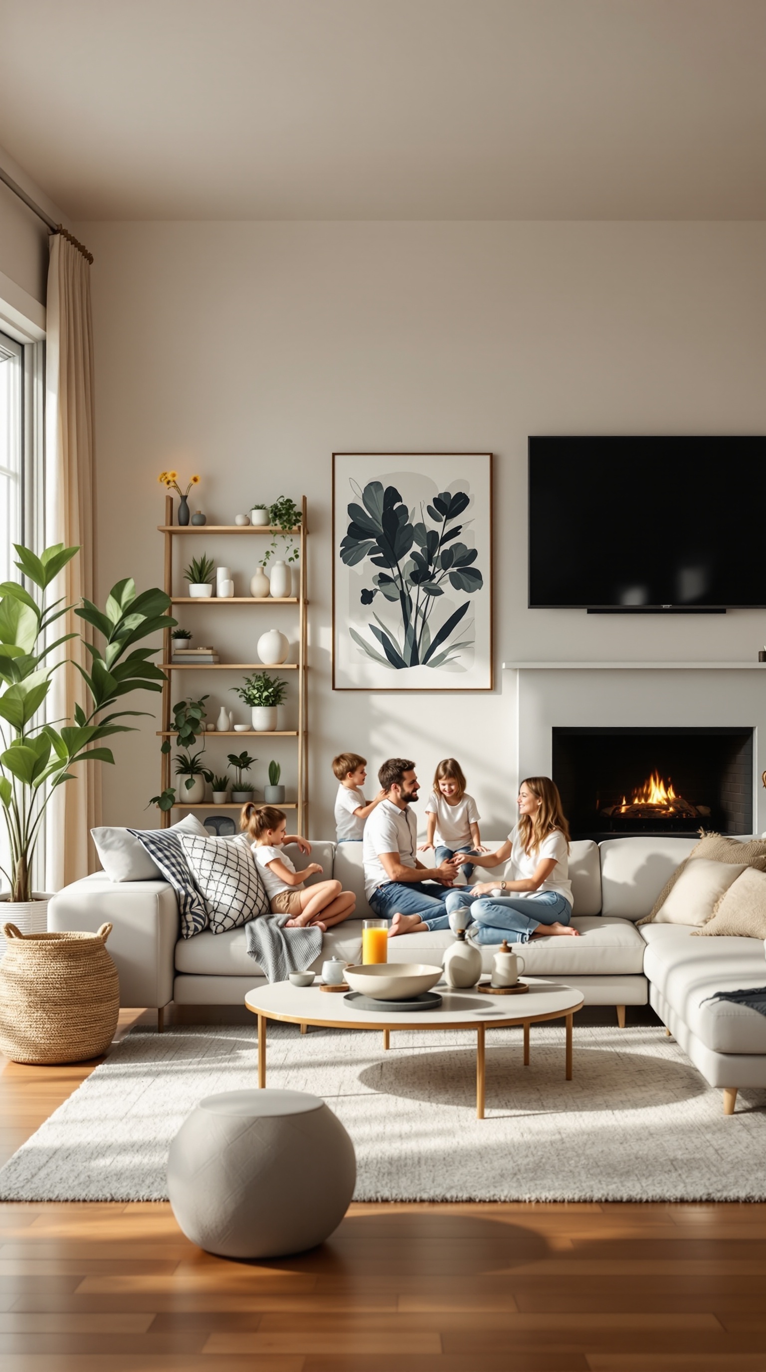 A family enjoying time together in a cozy living room with a fireplace, plants, and modern decor.