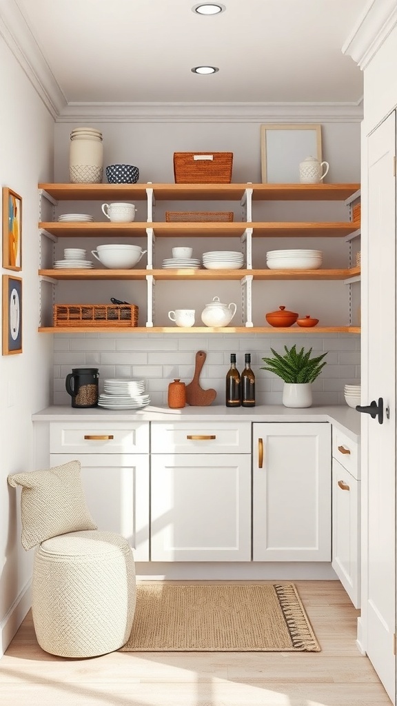 A small walk-in pantry with open shelving, white cabinets, and a cozy seating area.