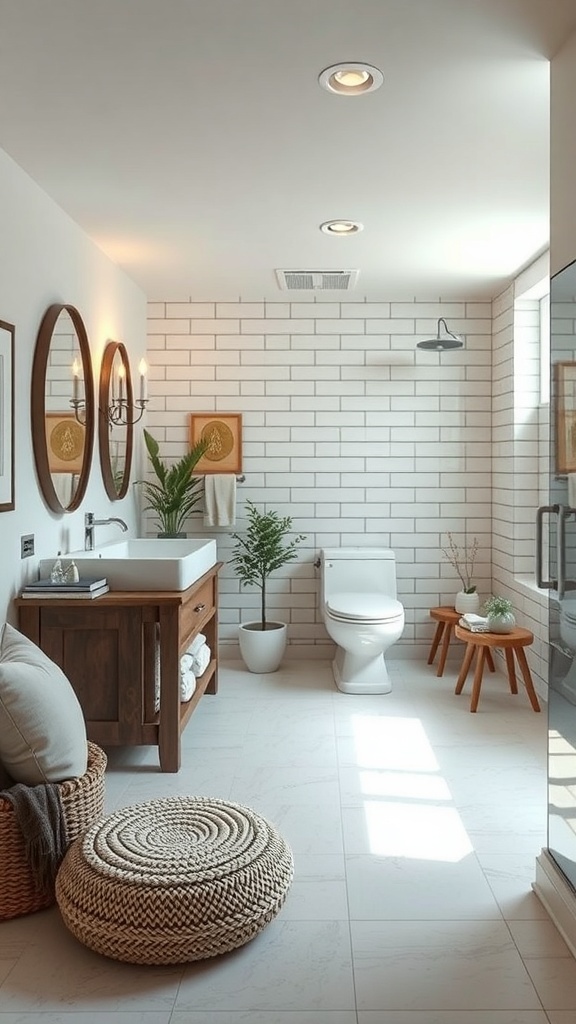 Bright and modern basement bathroom with natural light, dual mirrors, and wooden accents.