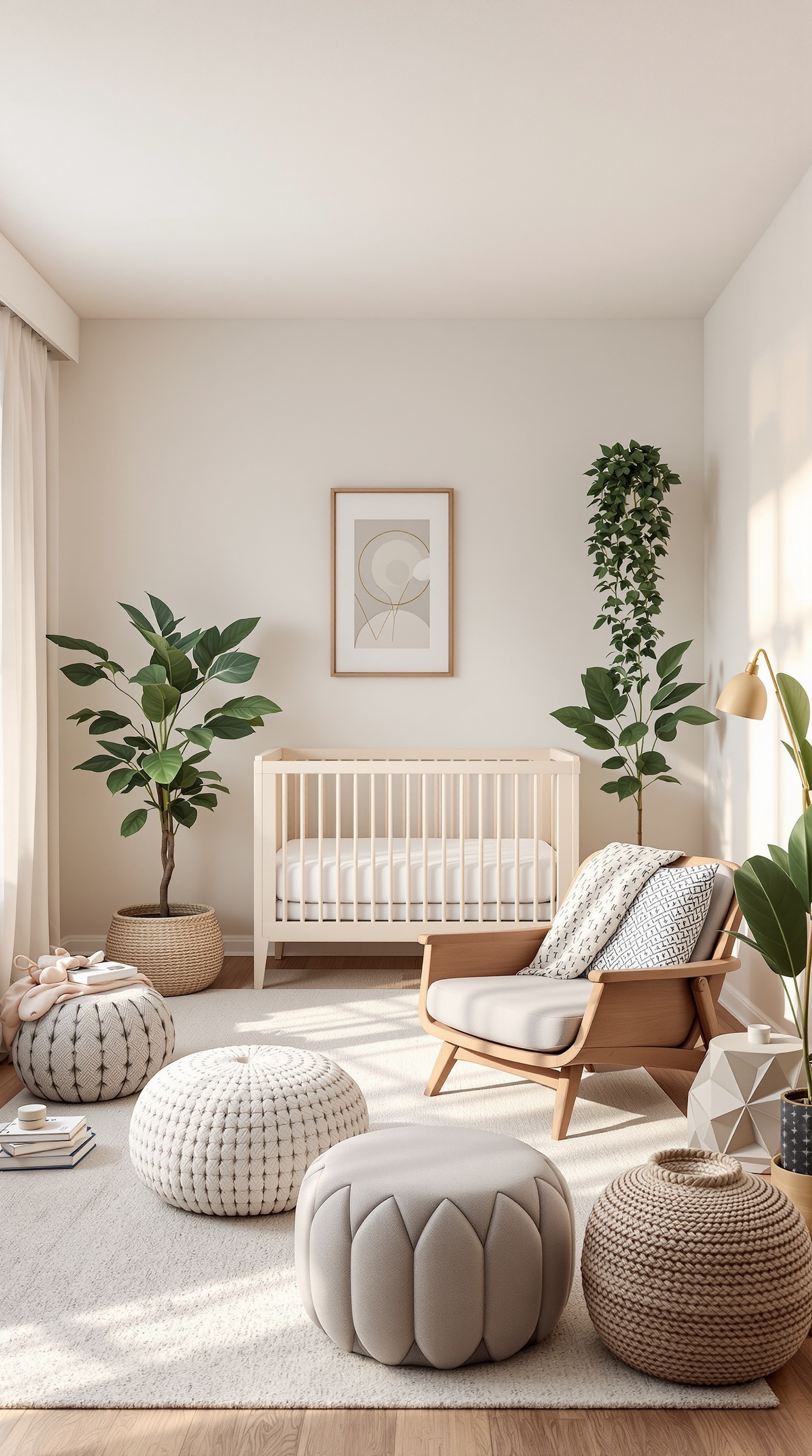 A cozy baby room featuring a crib, plants, poufs, and a comfortable chair.