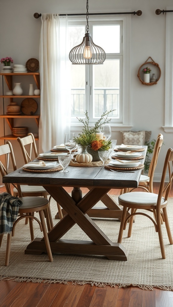 A rustic dining table set for a seasonal meal with a centerpiece of flowers and pumpkins.
