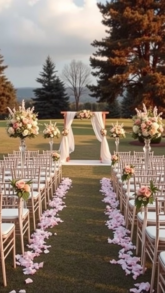 A beautifully arranged outdoor wedding ceremony setup with floral arch, chairs lined up on a green lawn, and flower petals along the aisle.