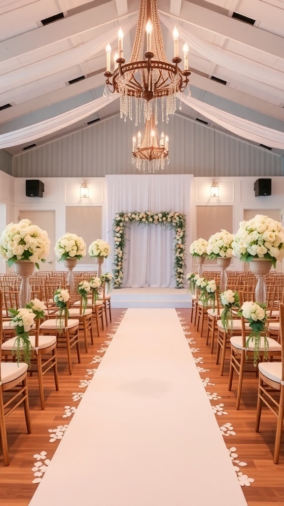 A beautifully decorated wedding ceremony space with floral arrangements and elegant chairs.