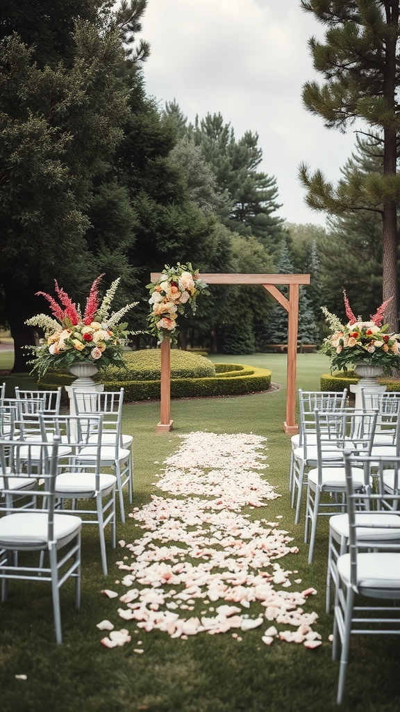 A beautifully decorated outdoor wedding ceremony setup with a wooden arch, floral arrangements, silver chairs, and rose petals on the grass.