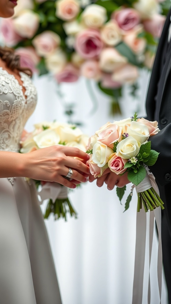 A couple holding hands with beautiful flower bouquets during a wedding ceremony