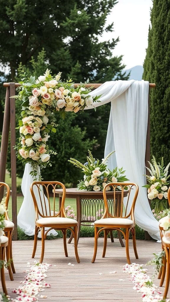 Beautiful outdoor wedding ceremony setup with floral decorations and wooden chairs.