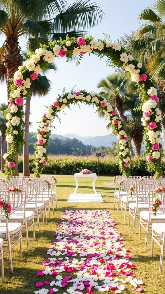 Beautiful wedding ceremony setup with floral arches and white chairs