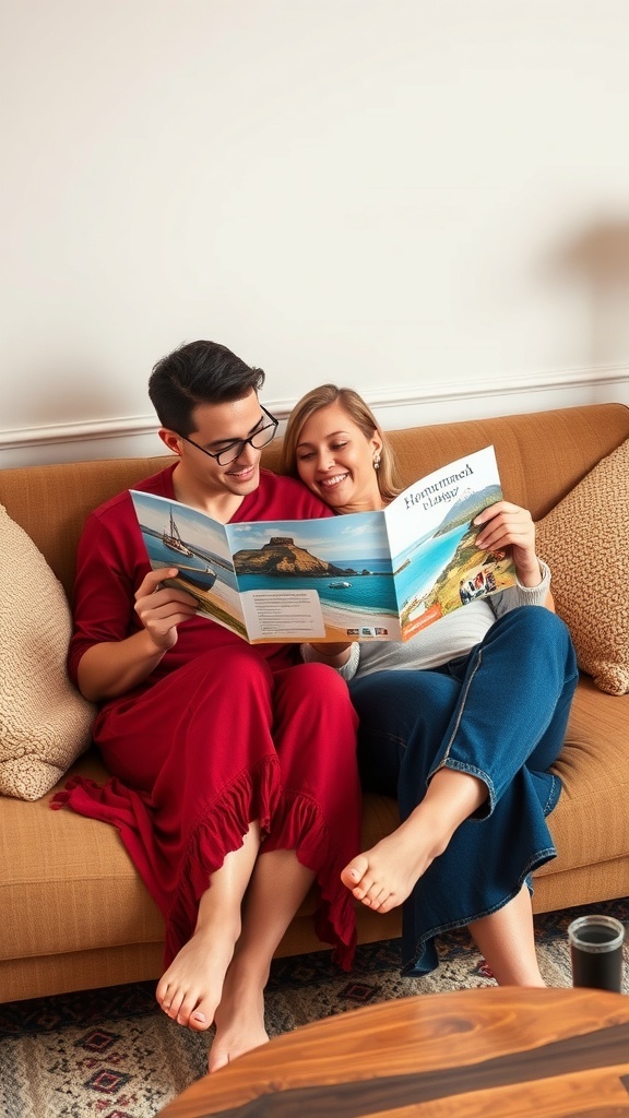 A couple sitting on a couch, happily looking at a travel brochure together.