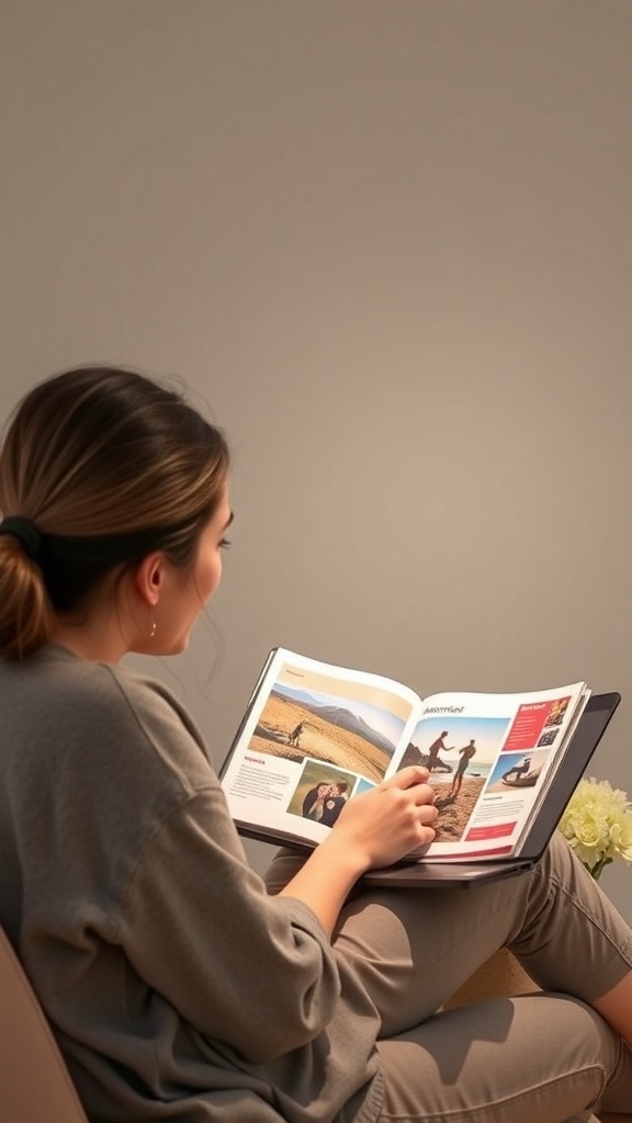 A woman reading a travel magazine, planning her honeymoon.