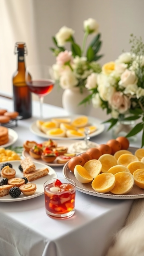A beautifully arranged table for a bridal shower, featuring a variety of foods and drinks, surrounded by flowers.