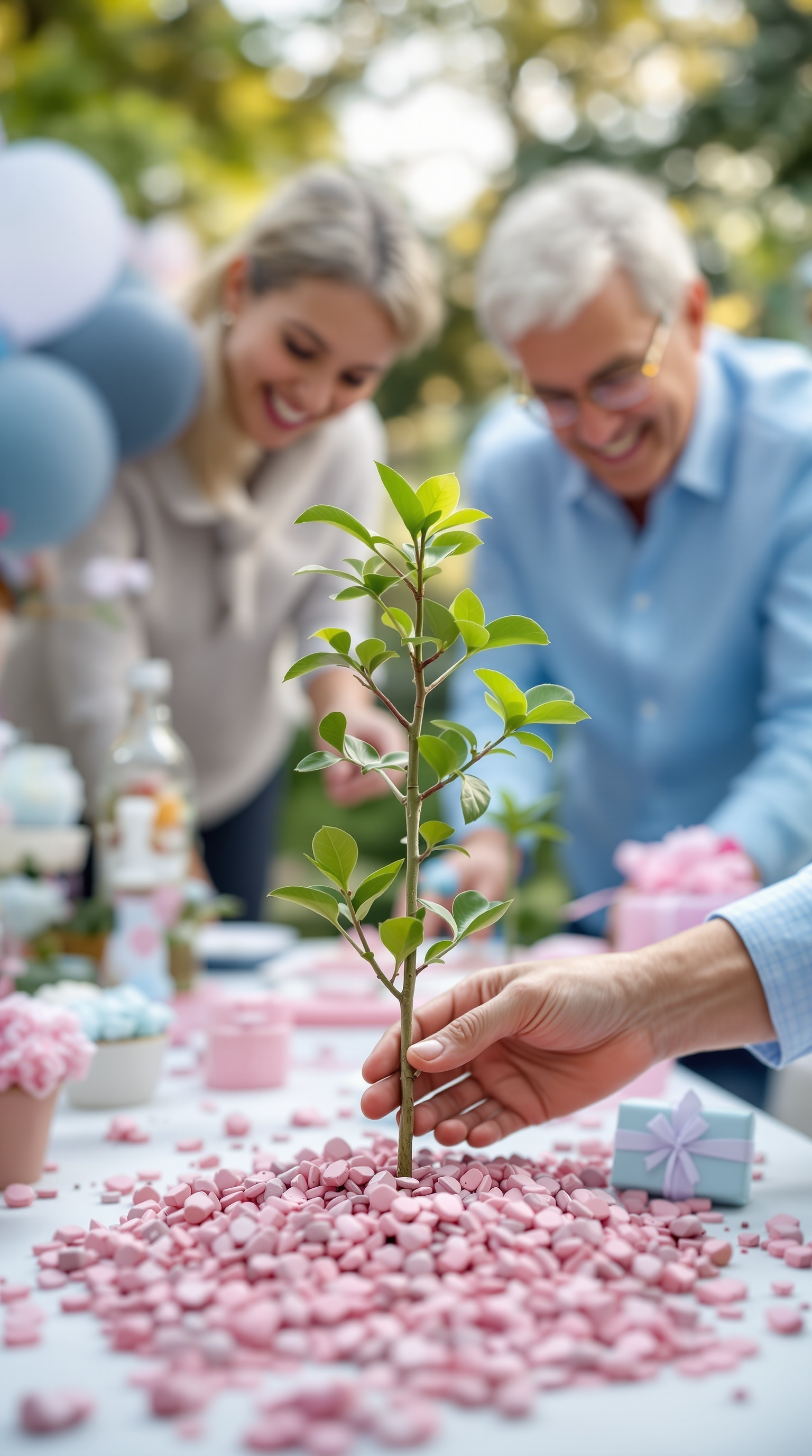 Grandparents planting a tree with colorful pink and blue soil at a gender reveal party.