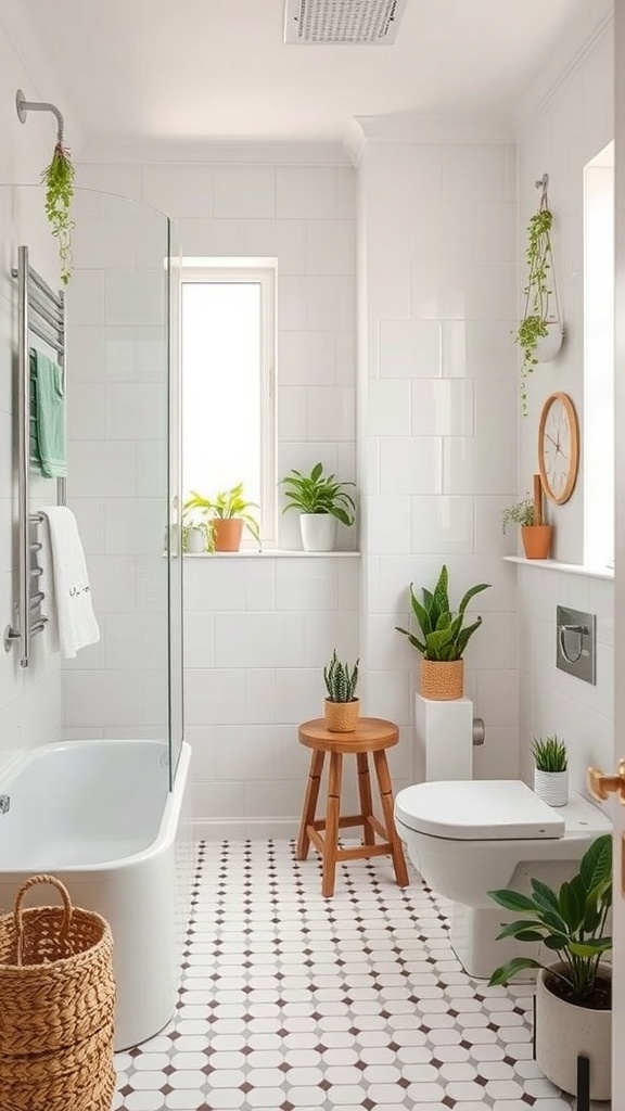 A bright bathroom with various plants, including hanging and potted varieties, creating a fresh atmosphere.
