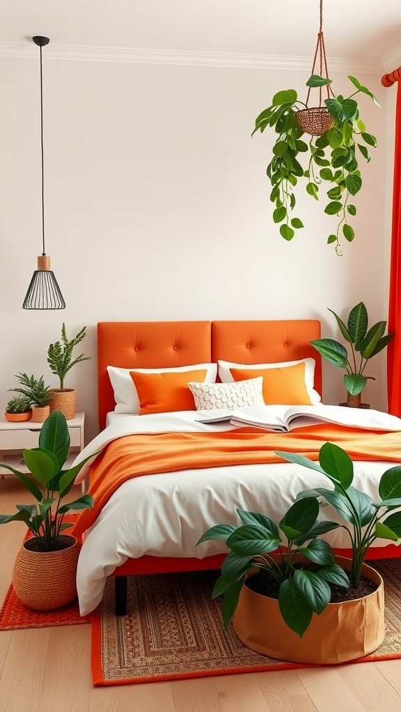 A cozy burnt orange bedroom featuring various indoor plants, including pothos, peace lily, snake plant, and ZZ plant.