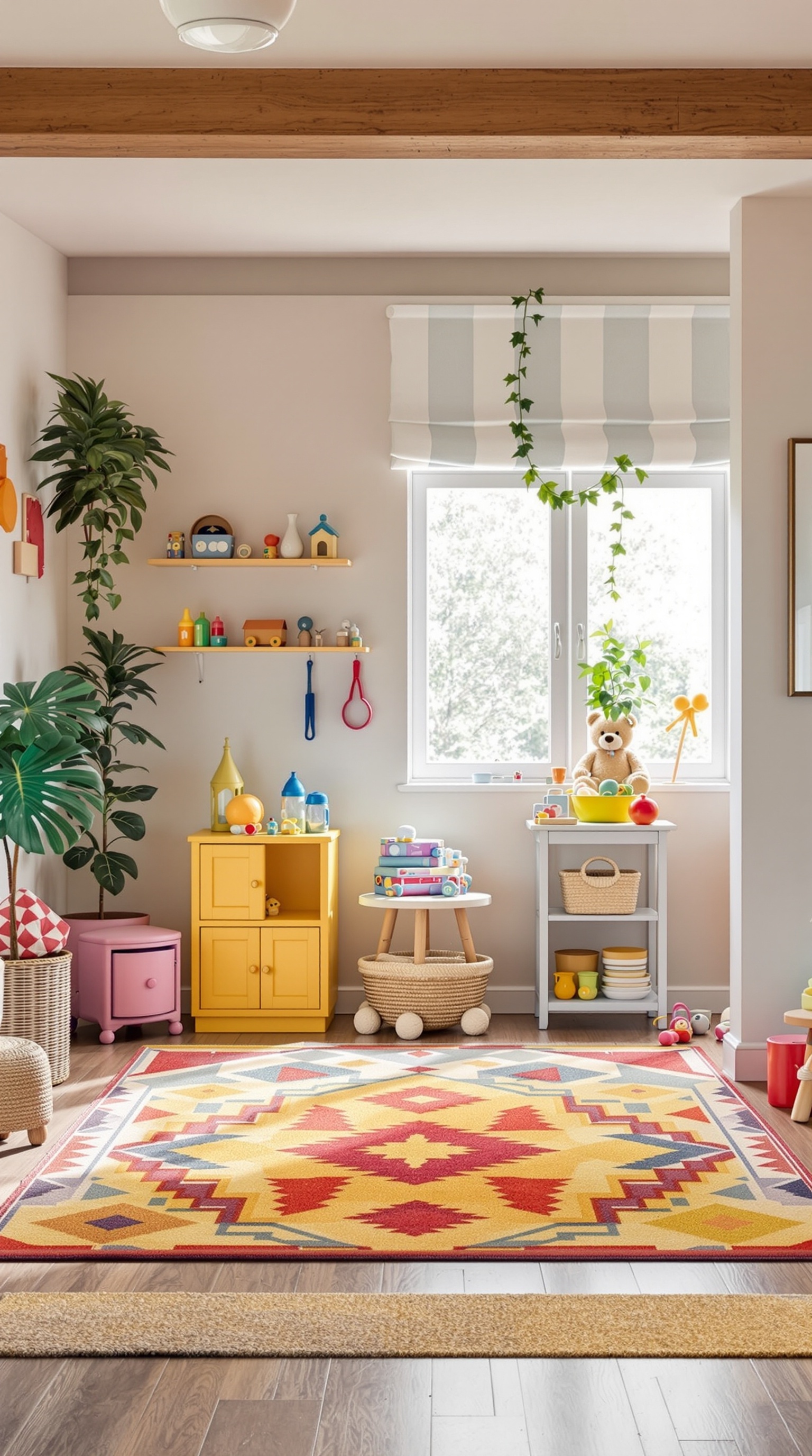 A cozy basement play area for kids with colorful toys, a yellow cabinet, and a patterned rug.